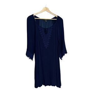 Naif Women's navy blue Embroidered Flowy Peasant Midi Dress, SZ XL